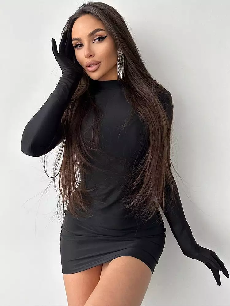 Sexy Women Hip Dress Long Sleeve Gloves Round Neck Skinny Stretchy Bodycon 2023 Autumn Rave Party Clubwear