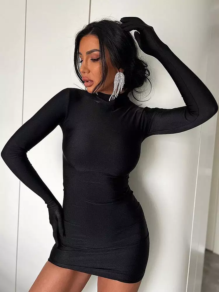 Sexy Women Hip Dress Long Sleeve Gloves Round Neck Skinny Stretchy Bodycon 2023 Autumn Rave Party Clubwear