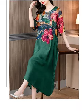 Spring and Summer Foreign Silkworm Printed Round Neck Short-Sleeved Silk Dress B-94811