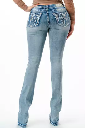 Steer Head Embellished Mid Rise Bootcut Jeans