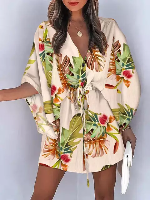 Summer Casual Loose Print Mini Dress Women 2023 Fashion V-neck Batwing Sleeve Lace-up Dresses Women Elegant Party Beach Dress