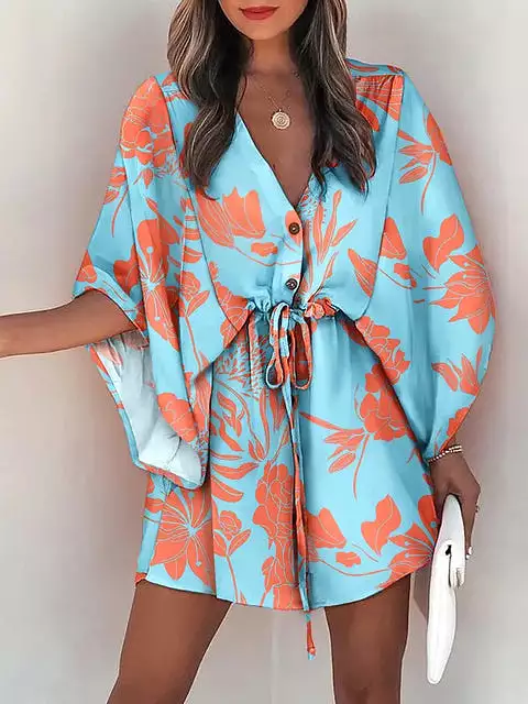 Summer Casual Loose Print Mini Dress Women 2023 Fashion V-neck Batwing Sleeve Lace-up Dresses Women Elegant Party Beach Dress