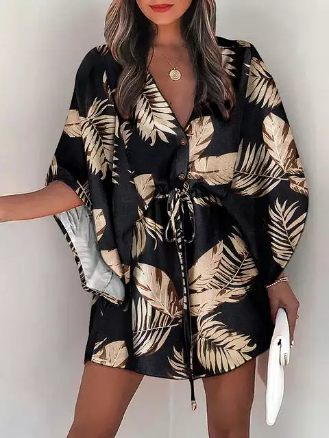 Summer Casual Loose Print Mini Dress Women 2023 Fashion V-neck Batwing Sleeve Lace-up Dresses Women Elegant Party Beach Dress