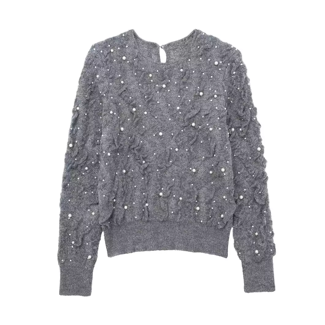 Vintage Gray Knitted Sweaters Women Long Sleeve O Neck Pearl Loose Pullovers Fashion 2024