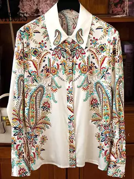 Vintage Print Women Satin Blouses Runway Baroque Elegant Office Ladies Long Sleeve Shirts Tops Blusas De Mujer  Блузки