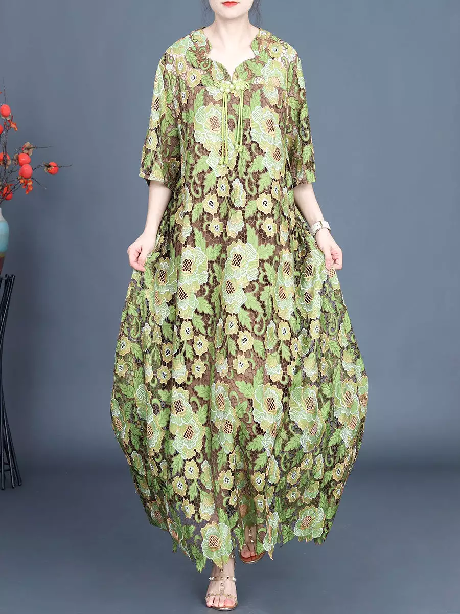 Women Artsy Summer Flower Lace Dual-layer Maxi Dress KL1051