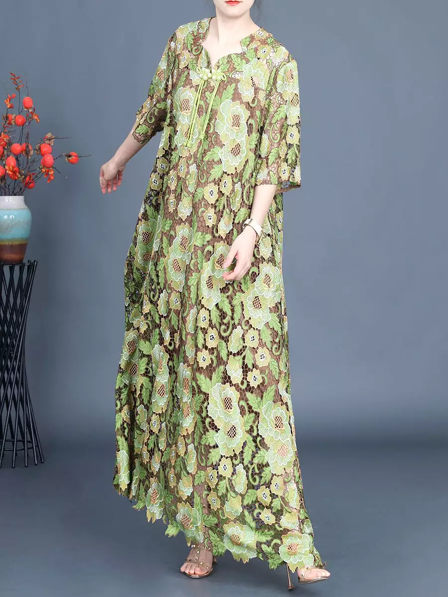 Women Artsy Summer Flower Lace Dual-layer Maxi Dress KL1051