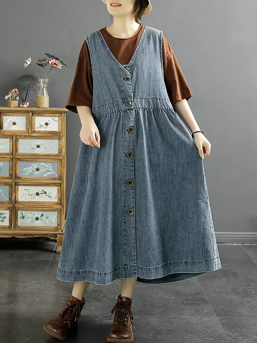 Women Casual Cotton Button-Up Spring Denim Vest Dress SC1044