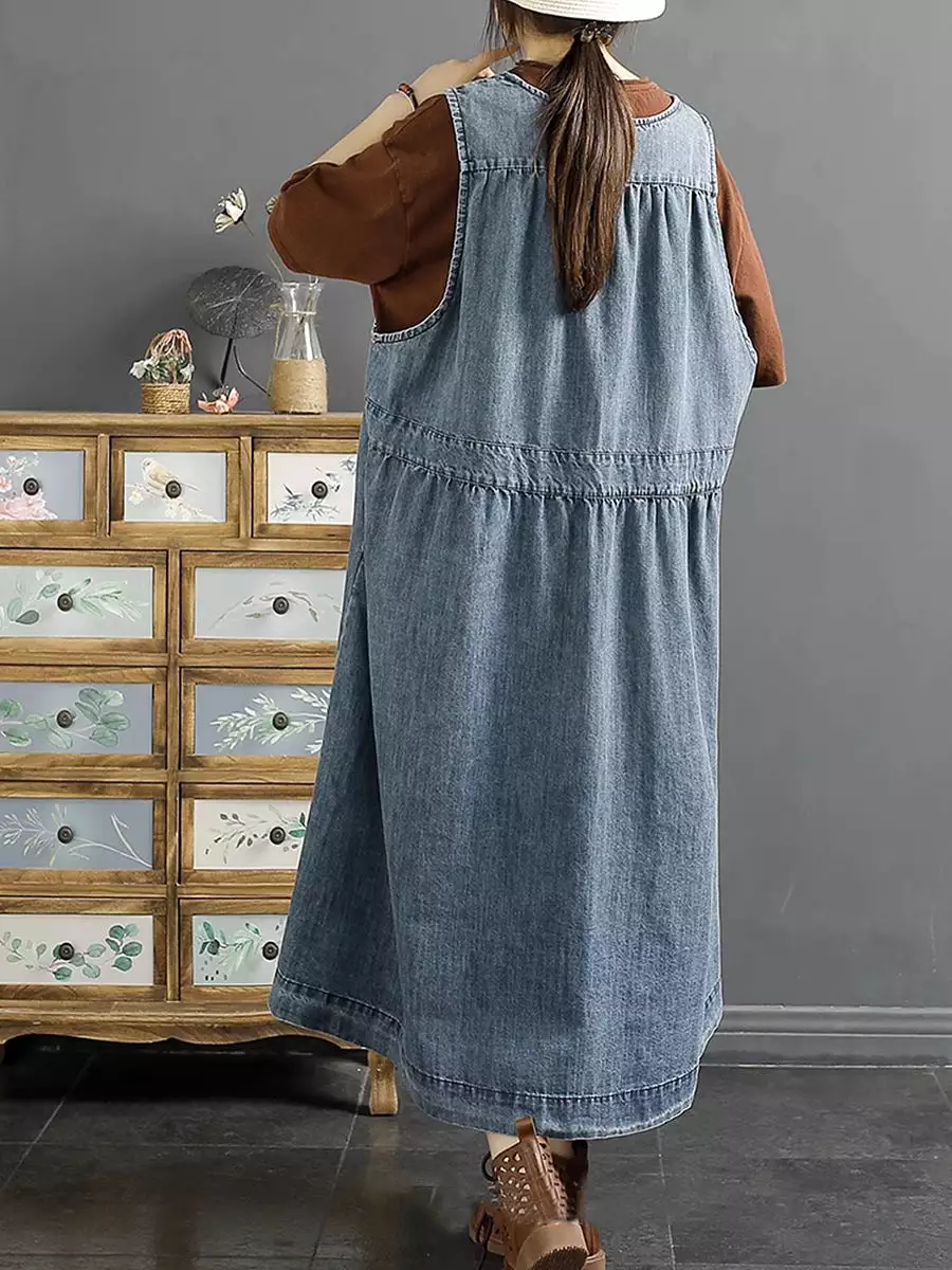 Women Casual Cotton Button-Up Spring Denim Vest Dress SC1044