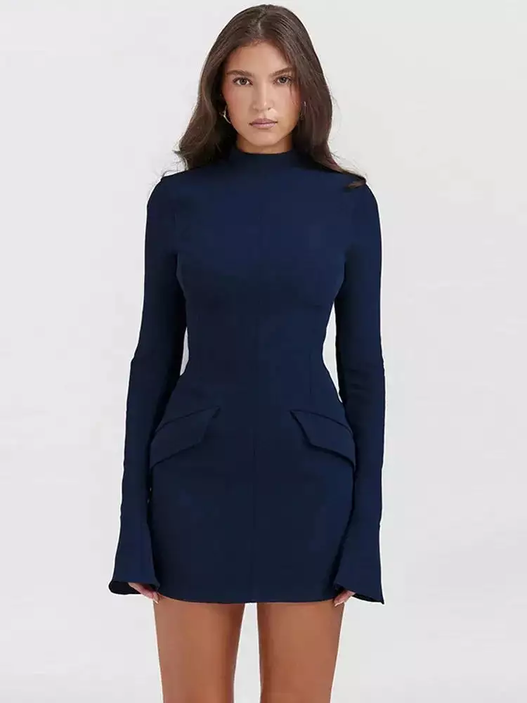 Women Elegant  City Commuting Mini Dress 2024 Autumn Sexy Pocket Long Sleeve Bodycon Dresses