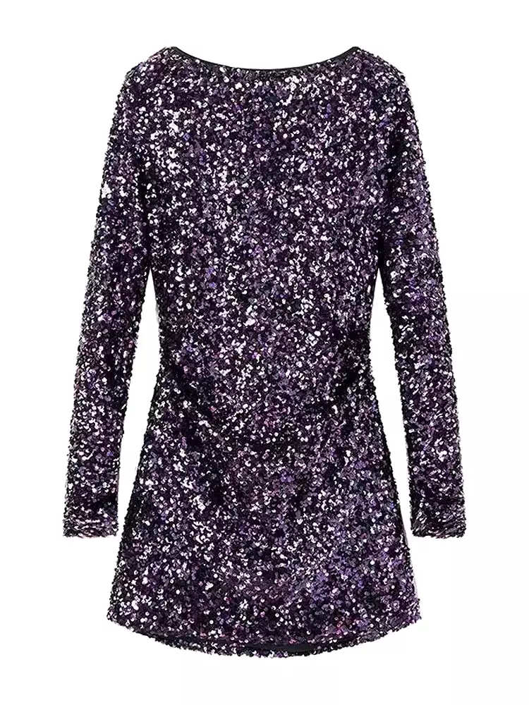 Women Sexy Backless Sequins Mini Dress Long Sleeve A-line Evening Party Dresses