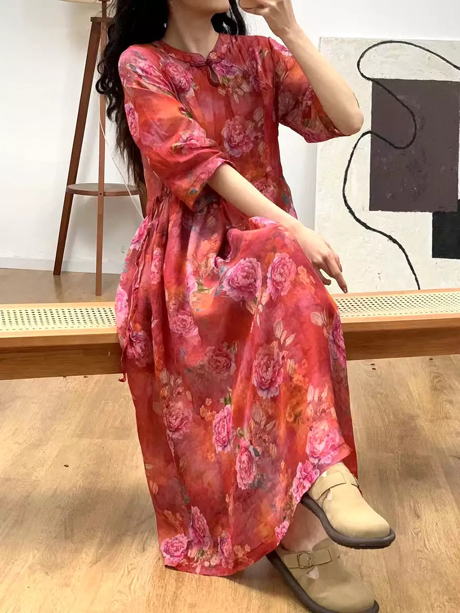 Women Summer Artsy Floral Ramie Loose Dress KL1029