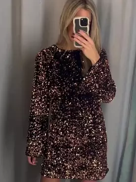 Womens Holiday Long Sleeve Sequins Dress Women O Neck Loose Midi Dresses