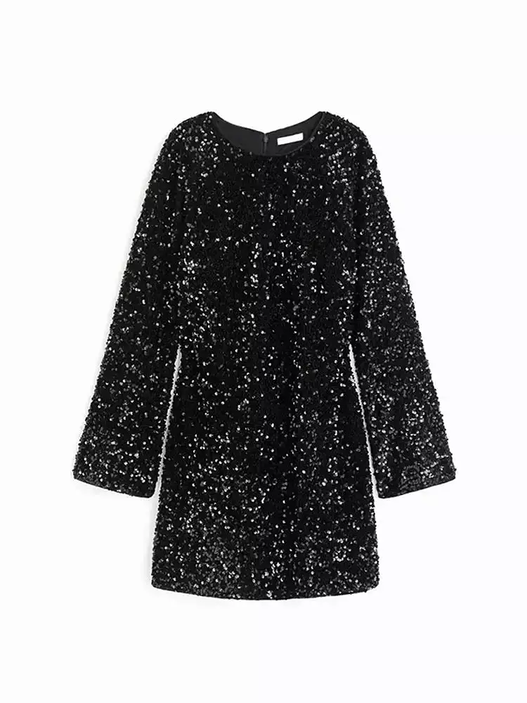 Womens Holiday Long Sleeve Sequins Dress Women O Neck Loose Midi Dresses