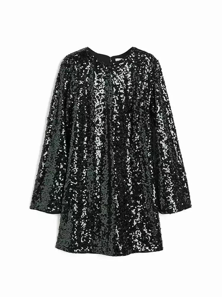 Womens Holiday Long Sleeve Sequins Dress Women O Neck Loose Midi Dresses