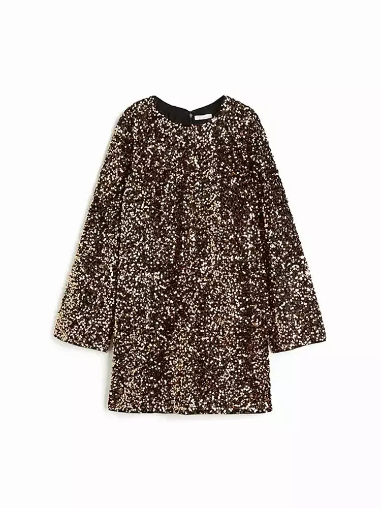 Womens Holiday Long Sleeve Sequins Dress Women O Neck Loose Midi Dresses