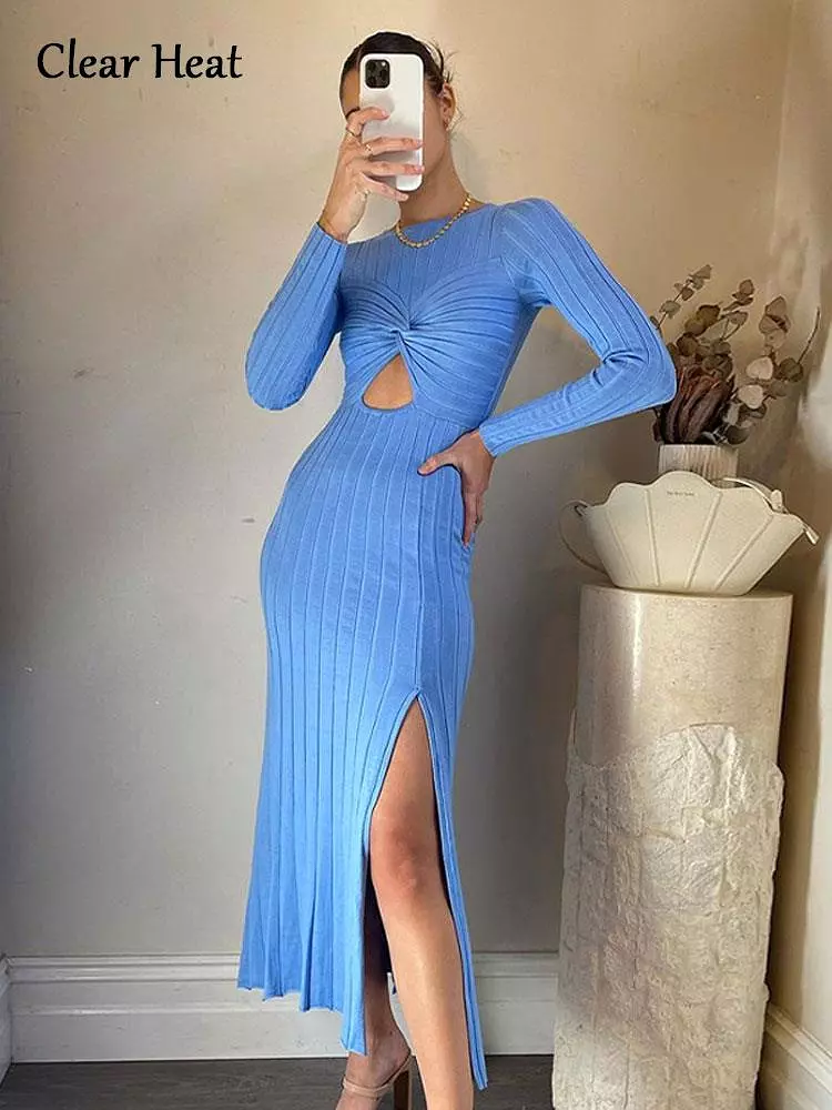 Women's Sexy Tight Knit Dress Hollow Long Sleeve Slit Dresses Female Holiday Casual Medium Length Fashion Solid Ladies Vestido