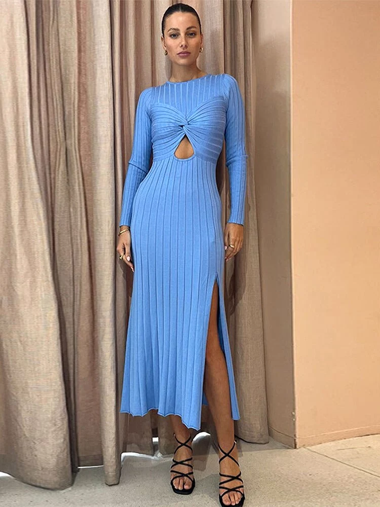 Women's Sexy Tight Knit Dress Hollow Long Sleeve Slit Dresses Female Holiday Casual Medium Length Fashion Solid Ladies Vestido