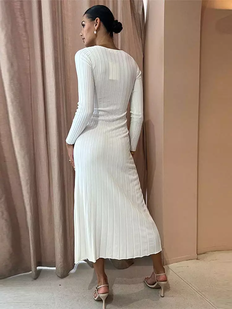 Women's Sexy Tight Knit Dress Hollow Long Sleeve Slit Dresses Female Holiday Casual Medium Length Fashion Solid Ladies Vestido